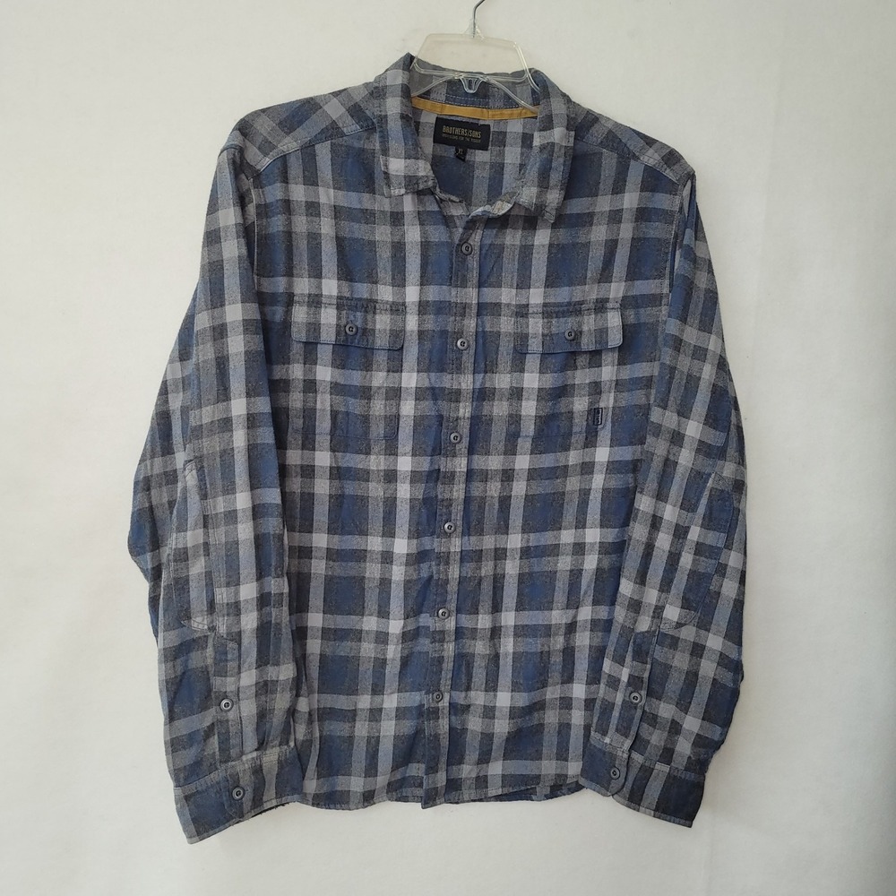 Brothers Sons XL Men Flannel Shirt Plaid Button Up Long Sleeve Blue Gray Outdoor